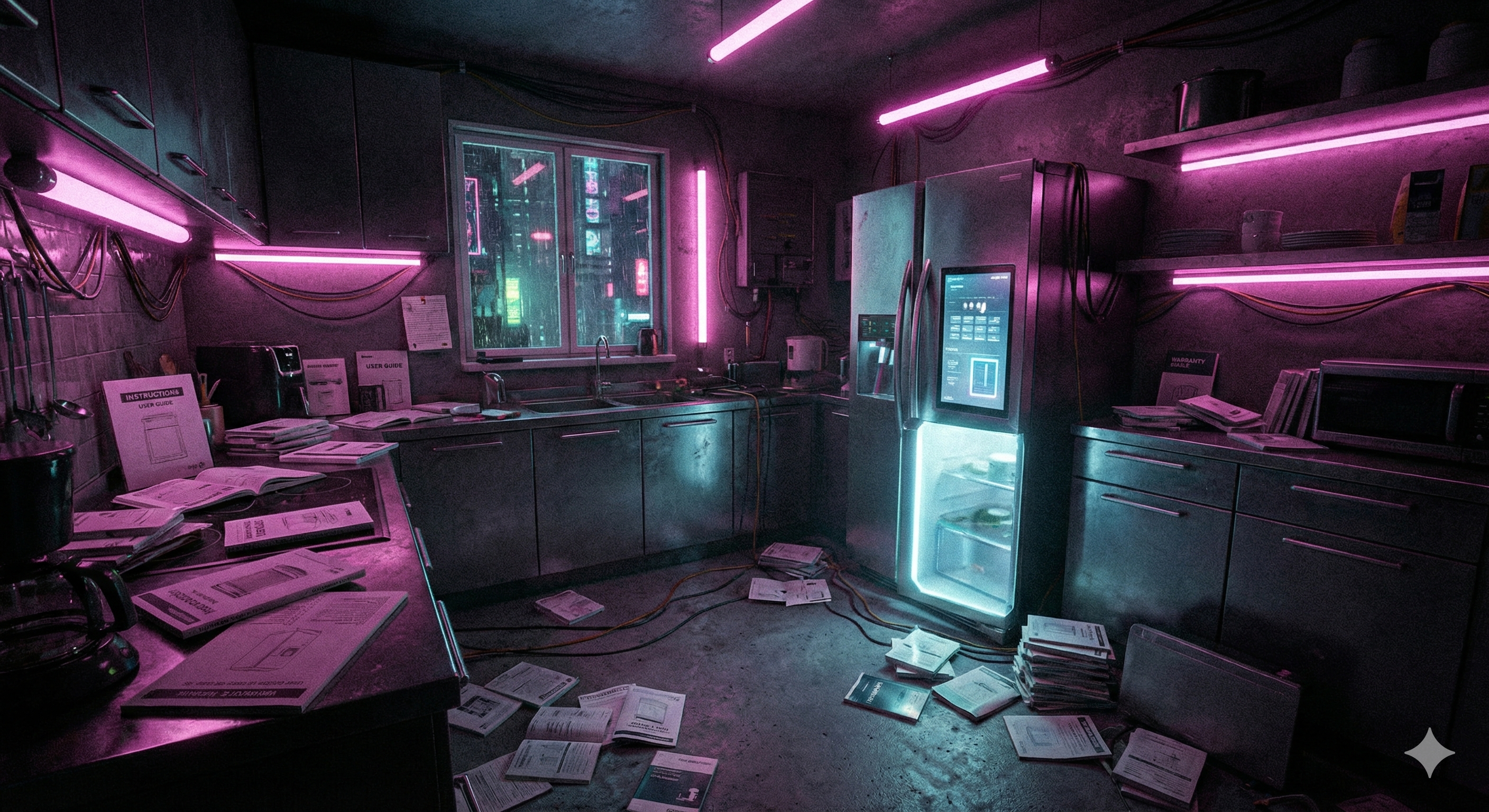 create an image of home manuals all over a kitchen. its dark and the style of the kitchen is cyberpunk at night with a few neon pink lights