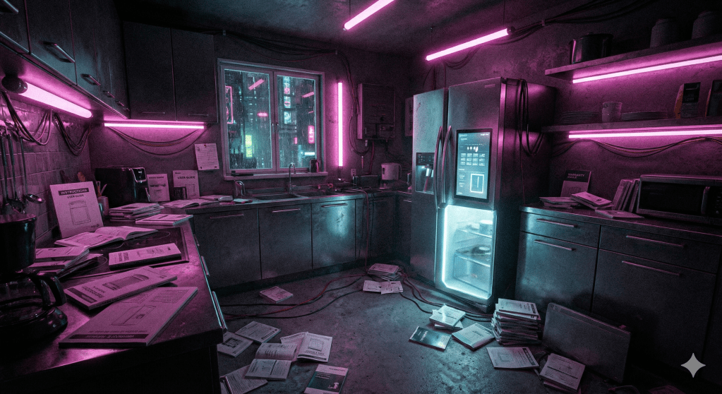 create an image of home manuals all over a kitchen. its dark and the style of the kitchen is cyberpunk at night with a few neon pink lights