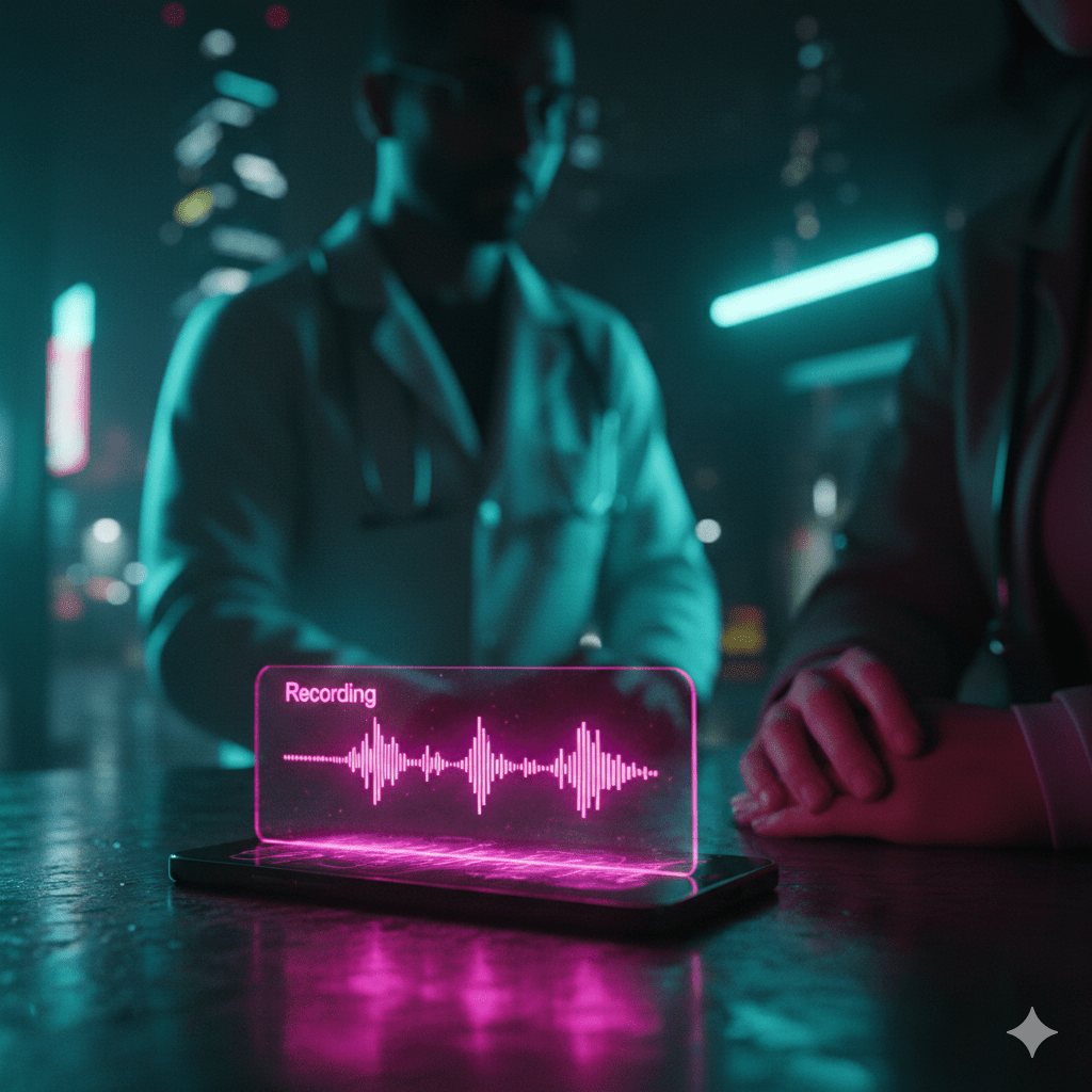 Cinematic cyberpunk street photography, night. A close-up, hyper-realistic shot of a sleek, holographic smartphone resting on a wet, dark metallic surface instead of wood. The screen pulses with a vibrant magenta 'Recording' audio waveform, casting a heavy pink neon glow. In the background, a doctor in a high-tech white lab coat is blurred in the bokeh, their silhouette illuminated by teal volumetric lighting. In the foreground, the patient’s hands rest calmly on their lap, skin reflecting the high-contrast teal and magenta color grading. Shot on 35mm lens, $f/1.8$, sharp focus on the device, grainy film texture, 8k resolution.