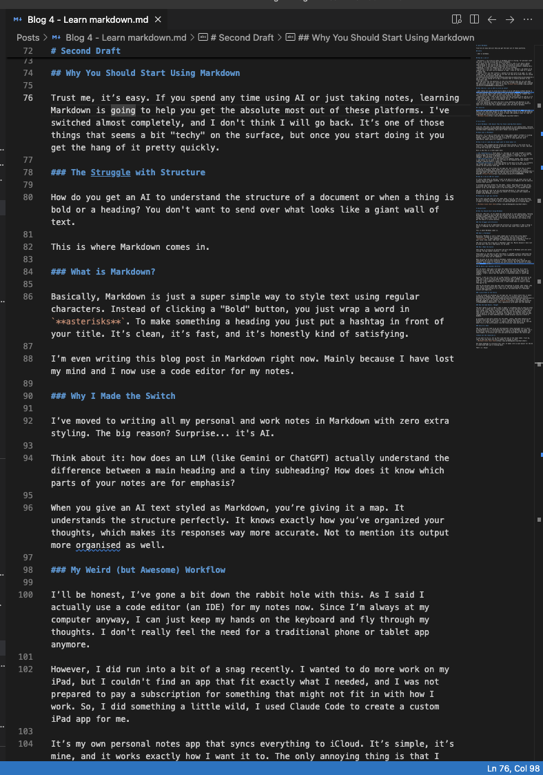 Screen grab of my code editor with the post i wrote
