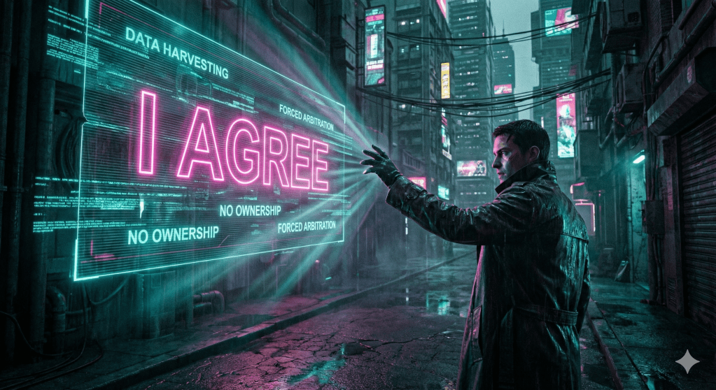 Cinematic cyberpunk street photography at night. A lone individual stands in a rain-slicked alleyway, their face illuminated by the harsh pink neon glow of a massive floating holographic "I AGREE" button. The hologram is being dissected by teal digital scan lines, revealing hidden lines of code and legal warnings in magenta. Volumetric lighting cuts through the mist, casting long shadows on the wet asphalt with high-contrast reflections of towering corporate skyscrapers. Shot on 35mm lens, $f/1.8$, sharp focus on the user’s hand reaching out to the digital interface, grainy film texture, teal and magenta color grading. Hyper-realistic, 8k resolution.
