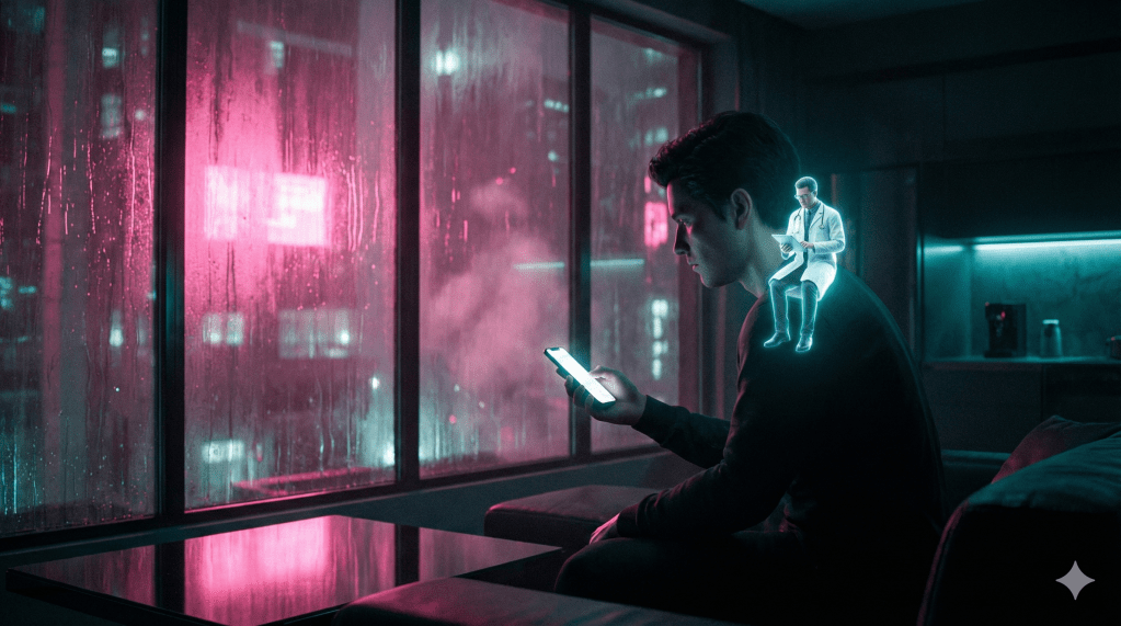 Cinematic cyberpunk photography, interior view. A person sits in a high-tech, dimly lit apartment at night near a large window overlooking a rainy city. The subject is looking at a glowing smartphone; perched on their shoulder is a miniature, glowing holographic medical doctor in a futuristic white coat, acting as a digital guardian angel. Heavy pink neon glow from the city outside, volumetric lighting through the steam and rain on the glass. Teal and magenta color grading. High-contrast reflections on polished surfaces and wet window panes. Shot on 35mm lens, $f/1.8$, sharp focus on the subject and the holographic doctor, grainy film texture. Hyper-realistic, 8k resolution.
