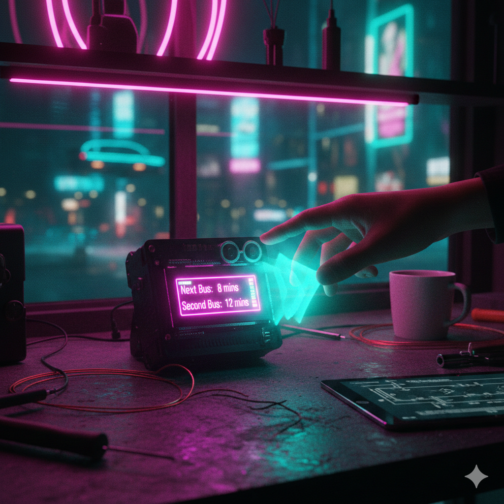 Subject: A high-detail close-up of a DIY "Touchless Bus Tracker" device sitting on a cluttered, rain-slicked workbench in a high-tech "coffee zone" nook.Scene Composition: The device features a small 2-inch IPS glow displaying vibrant magenta and teal bus arrival times ($8$ mins, $12$ mins). An ultrasonic HC-SR04 sensor is mounted prominently, its dual circular "eyes" reflecting the surrounding neon. A human hand is captured in mid-gesture, hovering inches away from the sensor, causing a volumetric "selection" glow to emanate from the screen.