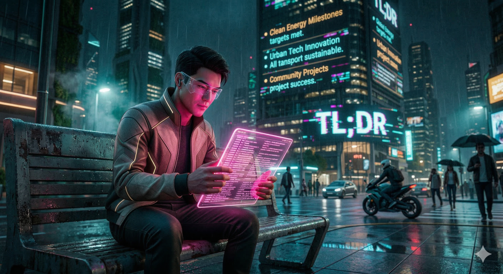 Cinematic cyberpunk street photography at night. A lone, individual sitting on a wet metal bench, intensely focused on a glowing, transparent digital tablet displaying dense, continuous text. The tablet casts a heavy pink neon glow on their face. In the background out of focus, a towering corporate skyscraper is covered in chaotic holographic bullet points and glitchy "TL;DR" text. Volumetric lighting cuts through the teal and magenta color grading. Shot on 35mm lens, f/1.8, sharp focus on the user and the tablet screen, grainy film texture, wet asphalt with high-contrast reflections. Hyper-realistic, 8k resolution.