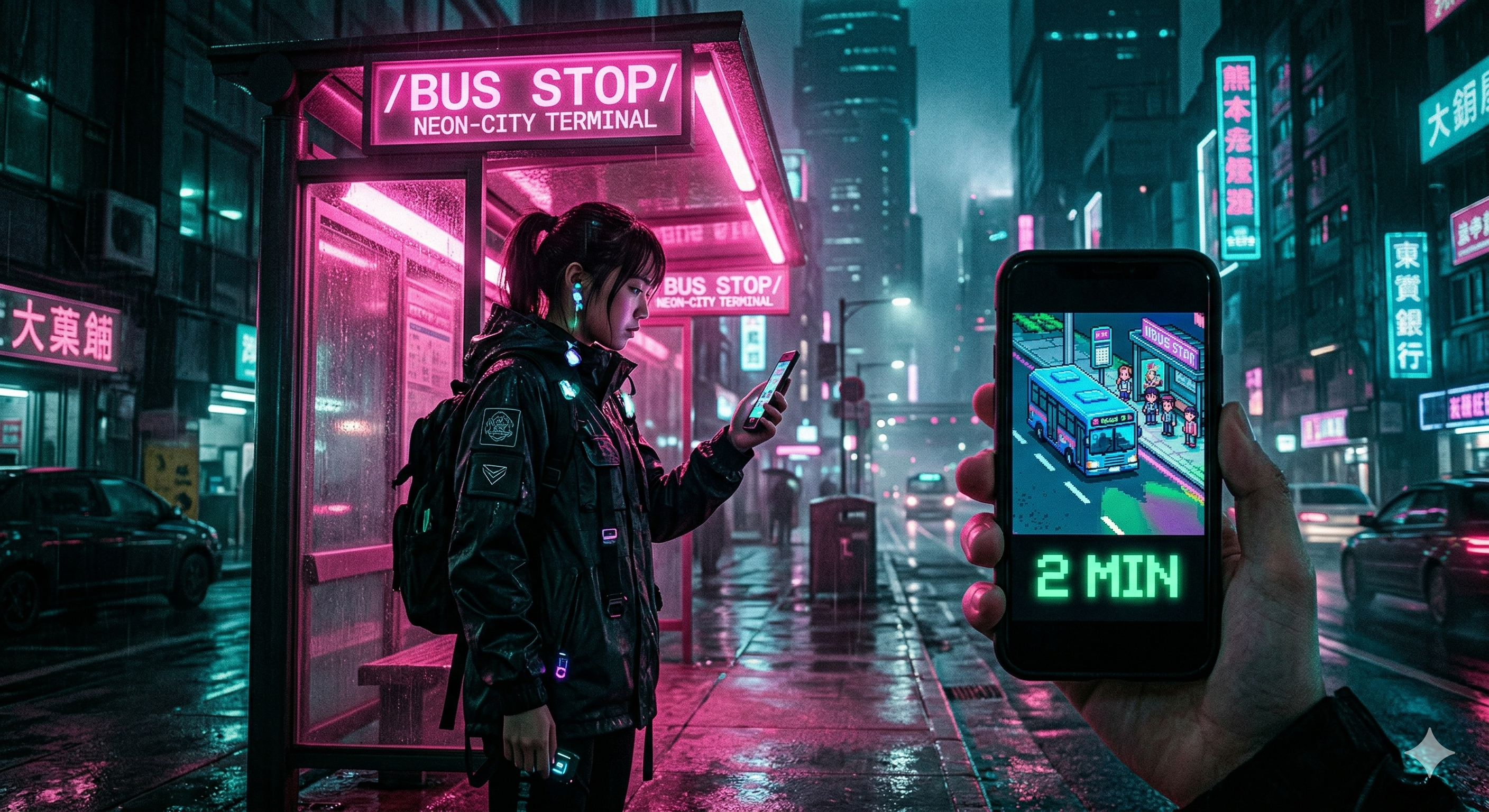 Cinematic cyberpunk street photography at night. A lone commuter standing at a glowing city bus stop, holding up a smartphone. On the phone screen, a vivid retro 16-bit pixel art scene is visible: a tiny pixel bus rolling toward a cartoon bus stop, with a neon green "2 MIN" countdown displayed beneath it. Heavy pink neon glow from the bus stop sign reflects on the wet pavement. Teal and magenta colour grading. Volumetric lighting cuts through the urban fog. Shot on 35mm lens, f/1.8, sharp focus on the phone screen and the pixel art bus, grainy film texture, hyper-realistic, 8k resolution.