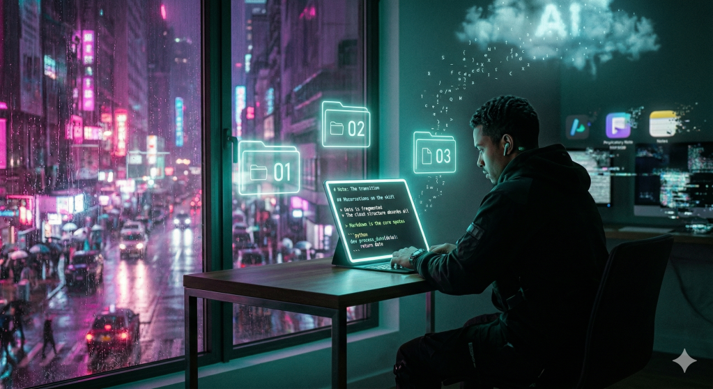 Cinematic cyberpunk street photography at night. A lone figure sits at a sleek, minimalist desk beside a rain-streaked window overlooking a neon-drenched city. Floating around them in perfect sequence are glowing holographic numbered folders (01, 02, 03), radiating teal light. The screen in front of them displays clean, luminous Markdown syntax. In the blurred background, generic proprietary note-taking app icons flicker and fragment into static, fading into obsolescence. A stream of plain text characters drifts upward from the desk like rising embers, dissolving into a vast AI cloud structure above. Heavy pink neon glow, volumetric lighting cutting through light rain mist, teal and magenta color grading. Shot on 35mm lens, f/1.8, sharp focus on the numbered folders and Markdown screen, grainy film texture, wet asphalt reflections in the window below. Hyper-realistic, 8k resolution.