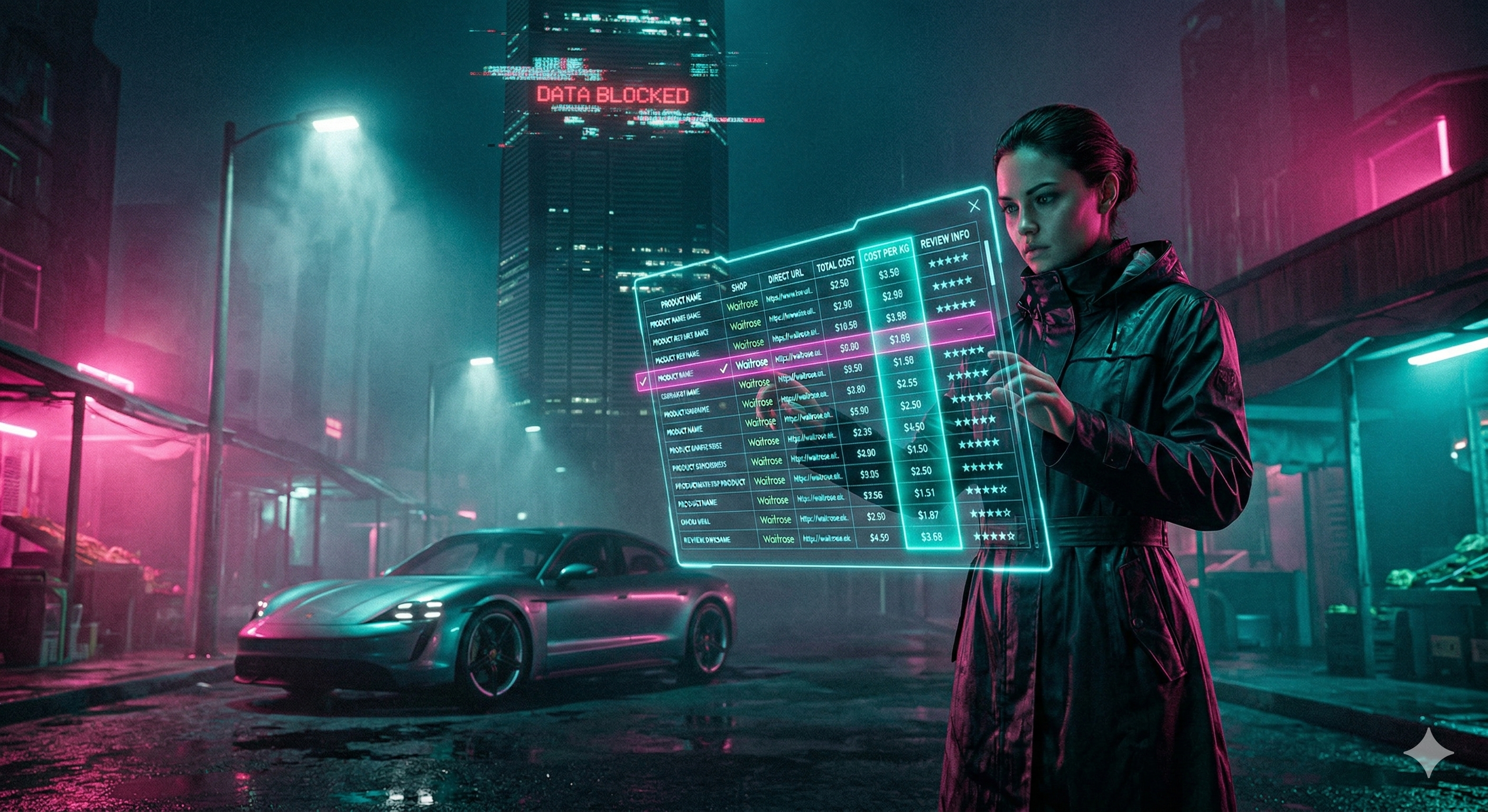 Cinematic cyberpunk street photography at night. A tech-savvy urbanite stands in the middle of a rain-slicked, neon-lit outdoor market, looking through a glowing teal holographic HUD. The interface displays a complex, scrolling data table with columns for "COST PER KG" and "SOURCE LOCATION," with a sharp magenta highlight on a "WAITROSE" logo. In the blurred background, the sleek silhouette of a futuristic electric car stands under a volumetric streetlamp, its metallic surface reflecting the teal and pink city lights. A massive, glitchy corporate monolith logo towers in the distance, partially obscured by digital "DATA BLOCKED" static. Shot on 35mm lens, $f/1.8$, sharp focus on the floating data table and the user’s concentrated expression, heavy pink neon glow, teal and magenta color grading, grainy film texture on wet asphalt. Hyper-realistic, 8k resolution.