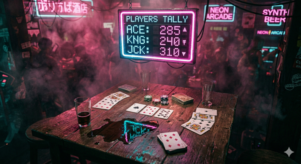 Cinematic cyberpunk street photography at night. A futuristic digital scoreboard glowing above a wooden pub table scattered with playing cards, seen from a high-angle perspective. Heavy pink neon glow and volumetric lighting cut through the pub's smoky atmosphere. Teal and magenta color grading on the wet, spilled-drink reflections of the table. Shot on 35mm lens, f/1.8, sharp focus on the cards and glowing digital tally, grainy film texture, hyper-realistic, 8k resolution.