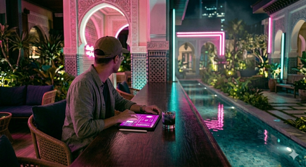 Cinematic cyberpunk photography at night, over-the-shoulder POV shot. A lone tech-savvy man wearing a dark olive baseball cap and a grey button-down shirt sits at an open-air luxury spa hotel bar on the ground floor. He is facing away from the camera, looking out toward the scenery. In front of him sits a glowing iPad on the wooden bar top, its screen pulsing with a complex magenta interface. Beside the device is a dark cocktail in a lowball glass. To the right, a long, narrow infinity pool stretches into the dark, its still water reflecting heavy pink neon and teal light in long, glassy streaks. Ornate Moroccan arches and intricate zellige tilework frame the space, catching the volumetric glow. The atmosphere is calm and unhurried with plush outdoor seating and lush tropical plants in the background. Heavy pink neon glow, teal and magenta color grading. Shot on 35mm lens, f/1.8, sharp focus on the iPad screen and the pool reflections, grainy film texture, hyper-realistic, 8k resolution.