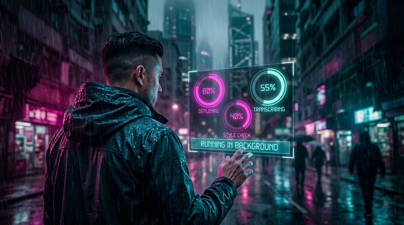 A corporate professional in a rain-soaked neon-lit cyberpunk city at night, photographed from behind in a cinematic over-the-shoulder shot, as they interact with a glowing holographic UI displaying AI agent progress rings in magenta and teal against a blurred bokeh cityscape.