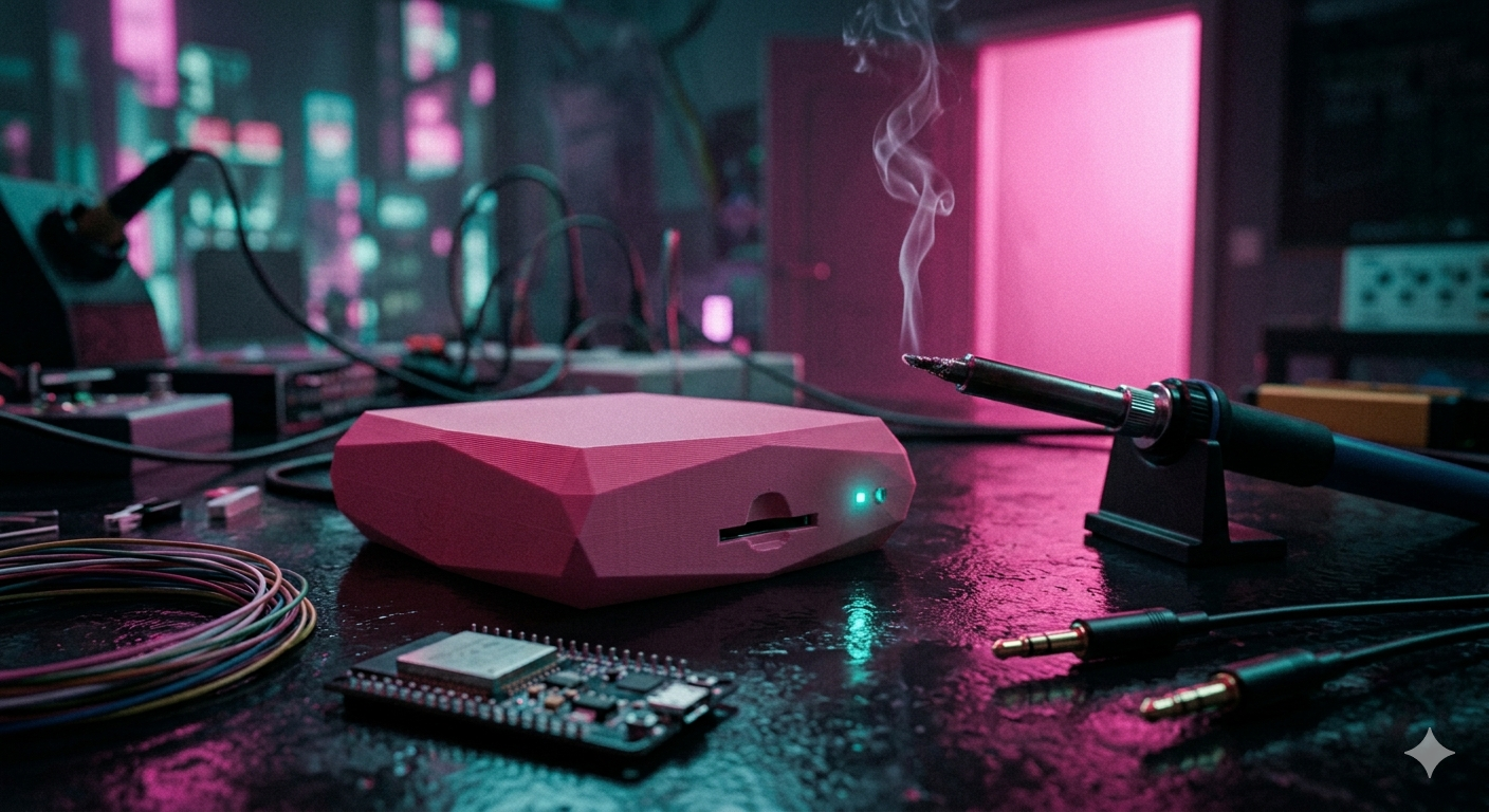 Cinematic cyberpunk photography at night, interior close-up. A compact 3D-printed enclosure — matte black with sharp geometric edges — sits on a dark reflective surface. Its micro SD card slot is visible at the side, a glowing teal status LED blinking at the corner. Beside it, a soldering iron rests with a thin curl of smoke rising from the tip, catching the heavy pink neon glow from off-camera. Scattered around it: a coil of wire, a small ESP development board, and two silver metal probe connectors. The reflective surface mirrors the pink and teal light like wet asphalt. Shot on 35mm lens, f/1.8, sharp focus on the enclosure and the rising soldering smoke, grainy film texture, volumetric lighting. Hyper-realistic, 8k resolution.