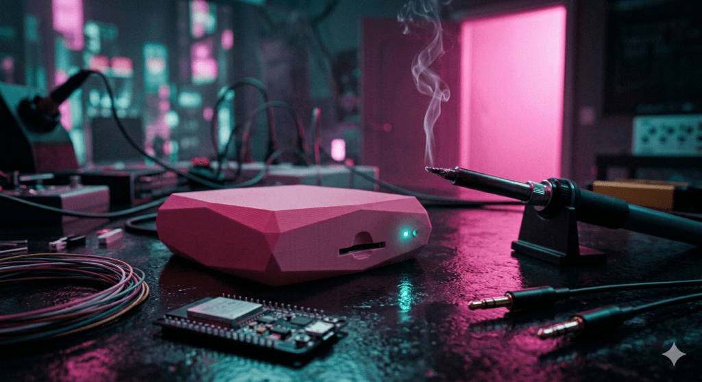 Cinematic cyberpunk photography at night, interior close-up. A compact 3D-printed enclosure — matte black with sharp geometric edges — sits on a dark reflective surface. Its micro SD card slot is visible at the side, a glowing teal status LED blinking at the corner. Beside it, a soldering iron rests with a thin curl of smoke rising from the tip, catching the heavy pink neon glow from off-camera. Scattered around it: a coil of wire, a small ESP development board, and two silver metal probe connectors. The reflective surface mirrors the pink and teal light like wet asphalt. Shot on 35mm lens, f/1.8, sharp focus on the enclosure and the rising soldering smoke, grainy film texture, volumetric lighting. Hyper-realistic, 8k resolution.