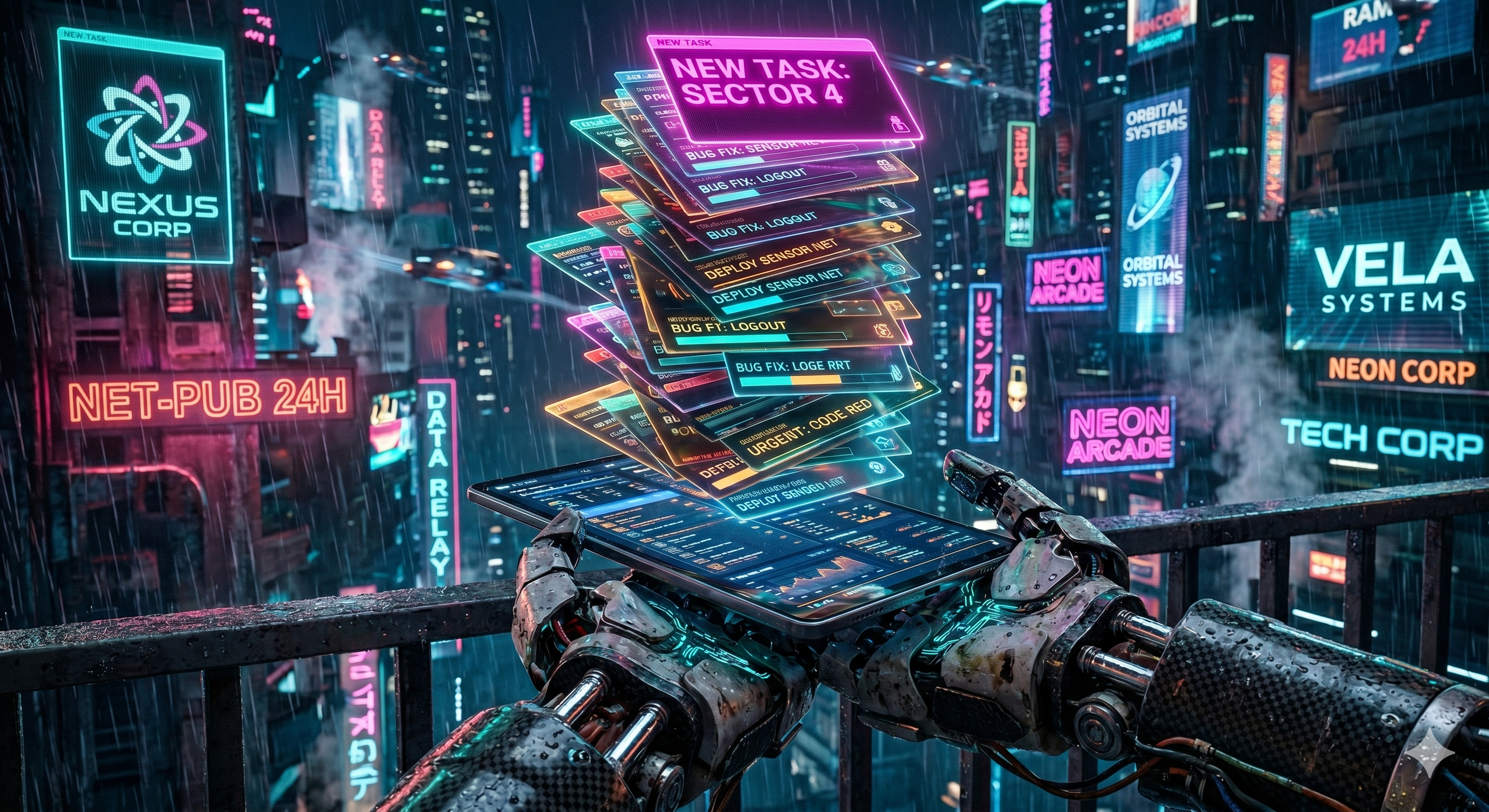 Cinematic cyberpunk photography at night. A close-up of a cybernetic mechanical hand holding a sleek, dark-metallic pocket console. Hovering vertically above the device is a stacked pile of semi-transparent holographic index cards, resembling a custom Kanban queue. The top card glows with a vibrant magenta "NEW TASK" label and teal progress bars. The surface of the pocket console has high-contrast pink neon reflections. The background is a rain-slicked balcony overlooking a blurred, neon-drenched city skyline.