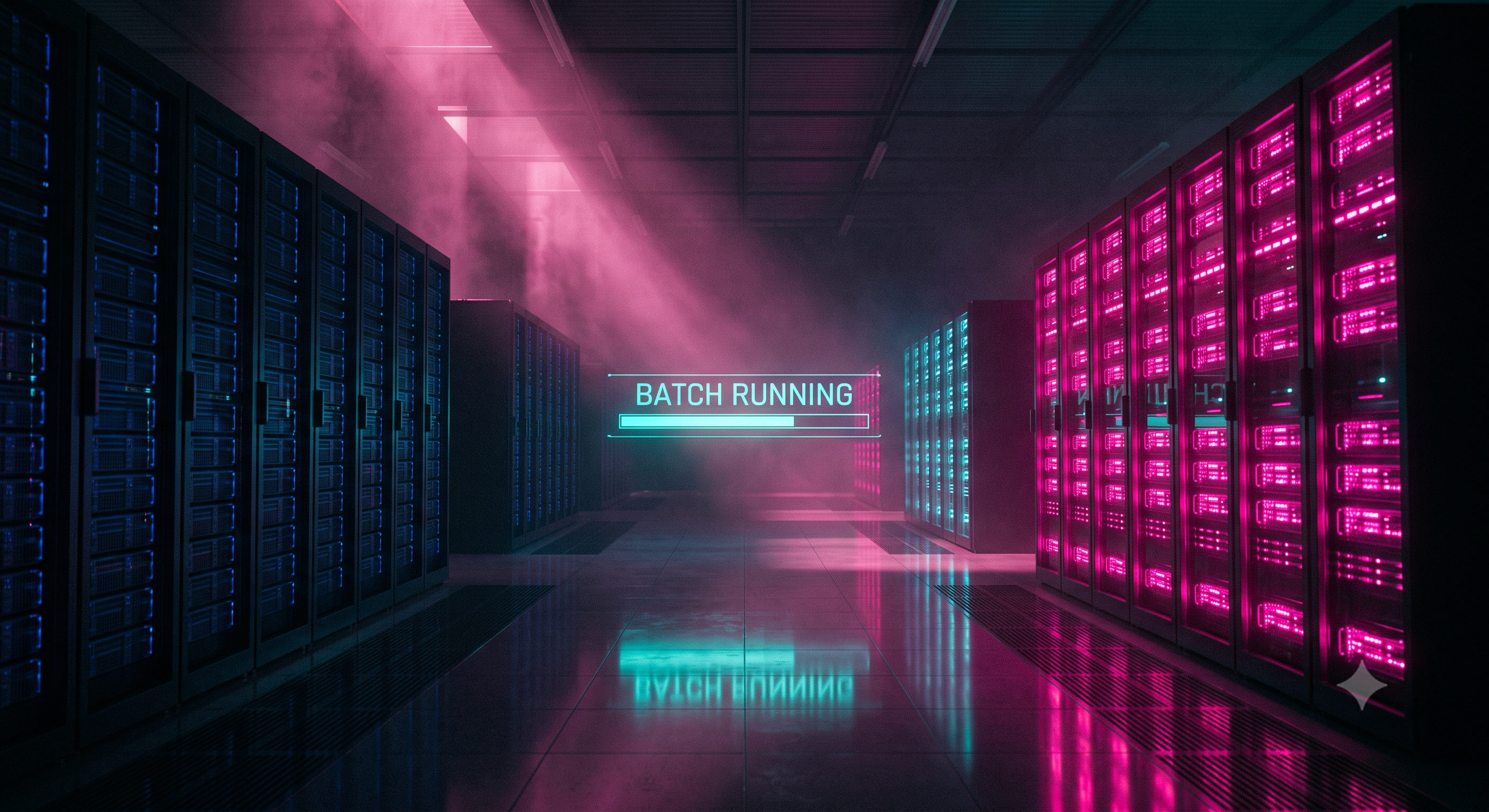Scene: Cinematic cyberpunk photography at night. An interior view looking down a single, vast, dim corridor of a massive data hall.Lighting: Heavy pink neon glow and volumetric lighting from hidden sources and the equipment itself, rendered with distinct teal and magenta color grading. Fine mist hangs in the air, caught in volumetric pink beams cutting through the darkness from the high ceiling.Details: The endless rows of server racks on the left side glow a deep, dormant blue. In stark contrast, the racks on the right blaze with highly saturated magenta activity lights, showing the machines running at full load. Floating mid-corridor is a thin holographic banner reading "BATCH RUNNING" in sharp text, accompanied by a glowing teal completion bar.Surfaces: A polished floor with high-contrast reflections of the neon lights and the holographic text running the full length of the corridor.Technical Specs: Shot on 35mm lens, f/1.8, sharp focus on the illuminated racks and the floating hologram, distinct grainy film texture.Quality: Hyper-realistic, 8k resolution.